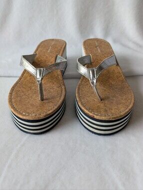 Tommy Hilfiger Silver Metallic Platform Wedge Flip Flops